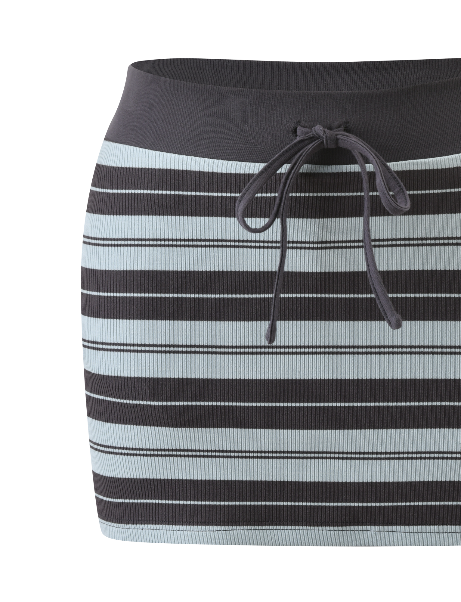 A close-up of the TIGERMIST KAYDIN SKORT - BLUE STRIPE, a fitted knit mini skort with horizontal black and blue stripes and a dark drawstring waistband tied in a bow at the front.
