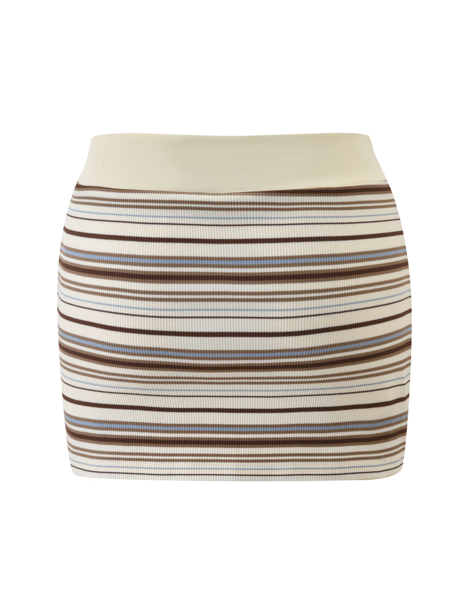 The TIGERMIST KAYDIN SKORT - CREAM STRIPE is a ribbed, fitted knit mini skort featuring horizontal brown and beige stripes, shown against a plain white background.