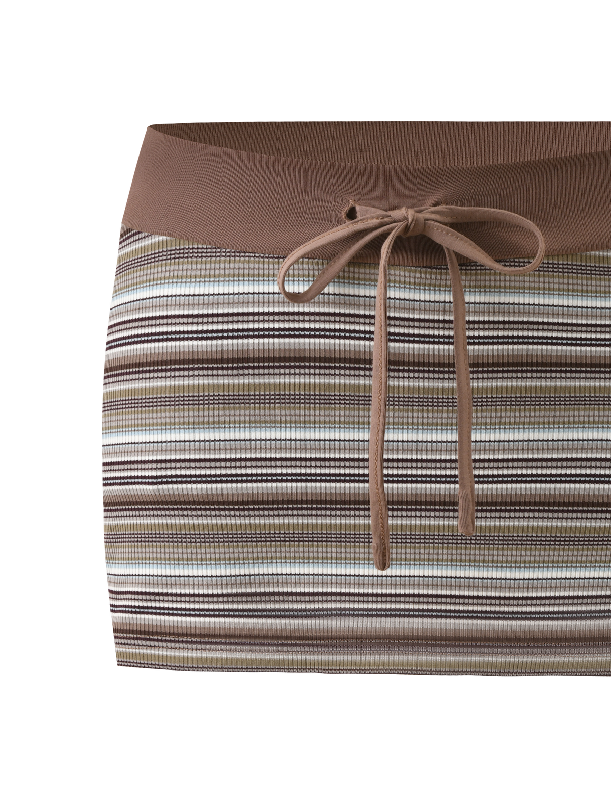 The TIGERMIST KAYDIN SKORT - MULTISTRIPE features a rib knit mini skirt with a wide brown waistband, drawstring tie, horizontal stripes in brown, white, blue, olive green, and hidden mini shorts for comfort and coverage.