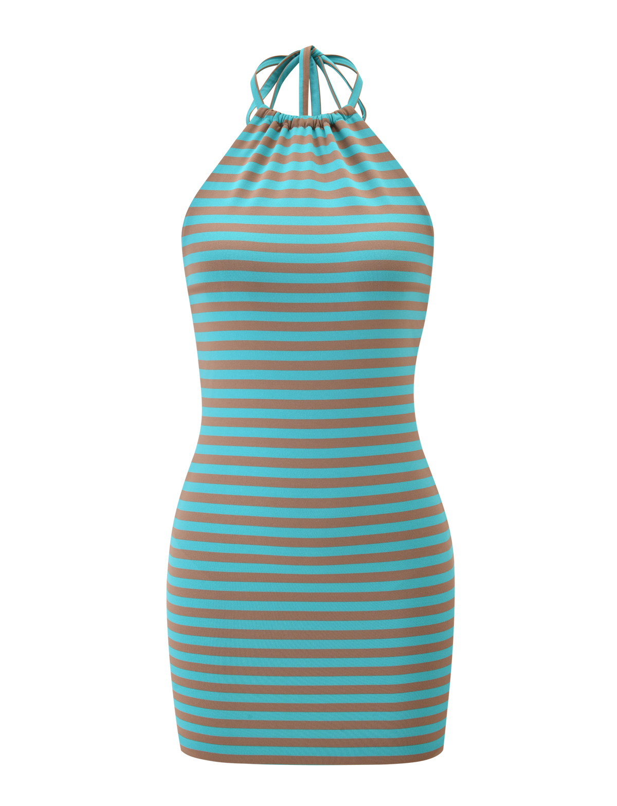 The TIGERMIST DILLON DRESS 2.0 - MUSHROOM AQUA STRIPE is a sleeveless, bodycon mini dress with a halter neckline, showcasing chic horizontal brown and turquoise stripes for a modern style.