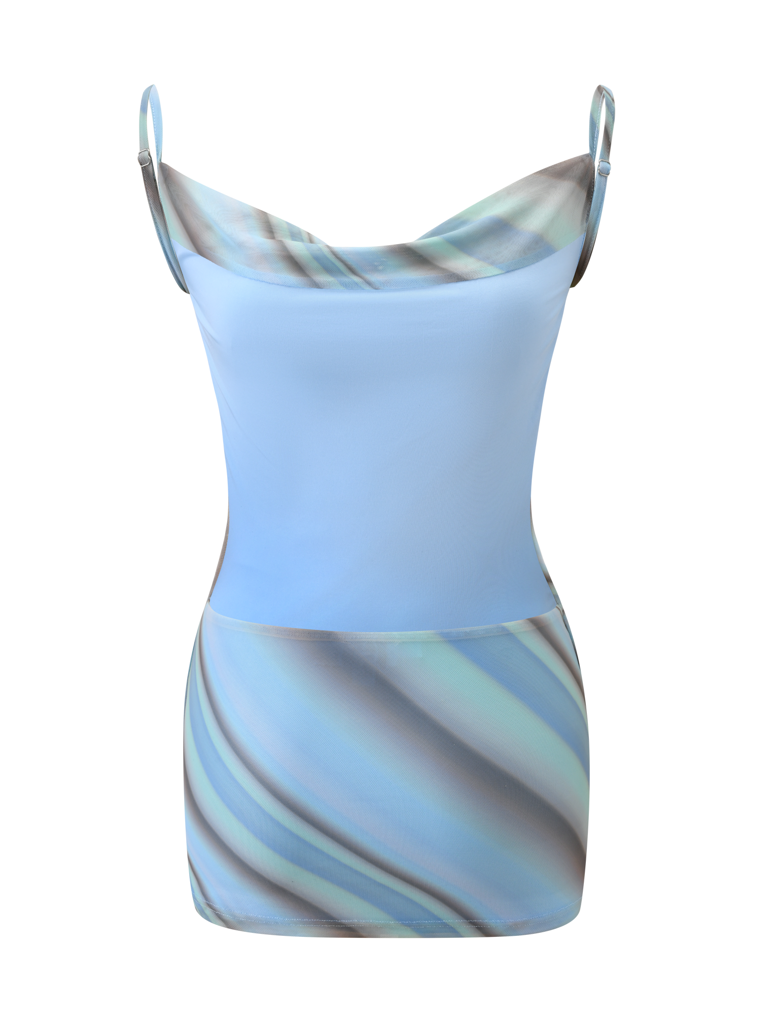 The TIGERMIST MORANA MESH MINI DRESS - MULTISTRIPE is a sleeveless, backless mini dress with thin straps, a cowl neckline, and multistripe swirl patterns in blue, gray, and white at the neckline and lower skirt.
