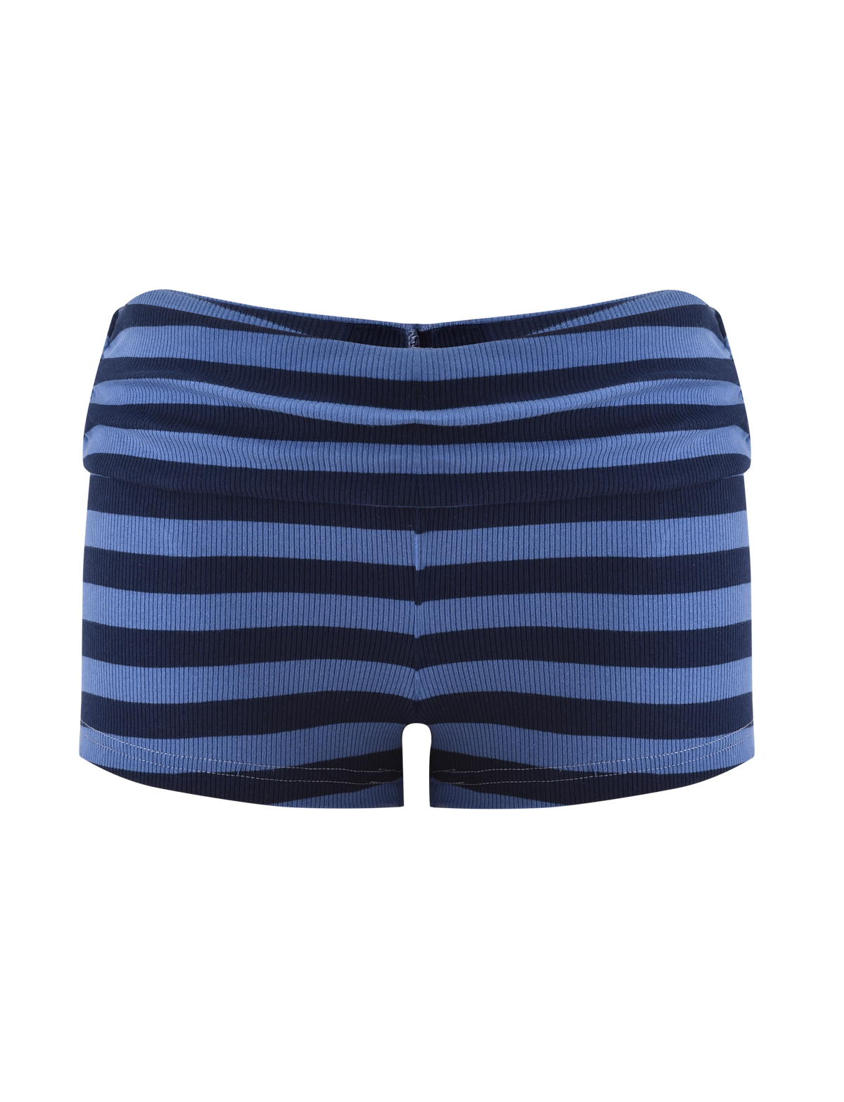 The CERYS RIB SHORT - BLUE NAVY STRIPE from TIGERMIST features blue and navy stripes, ribbed knit fabric, and a chic foldover waistband, shown against a plain white background.