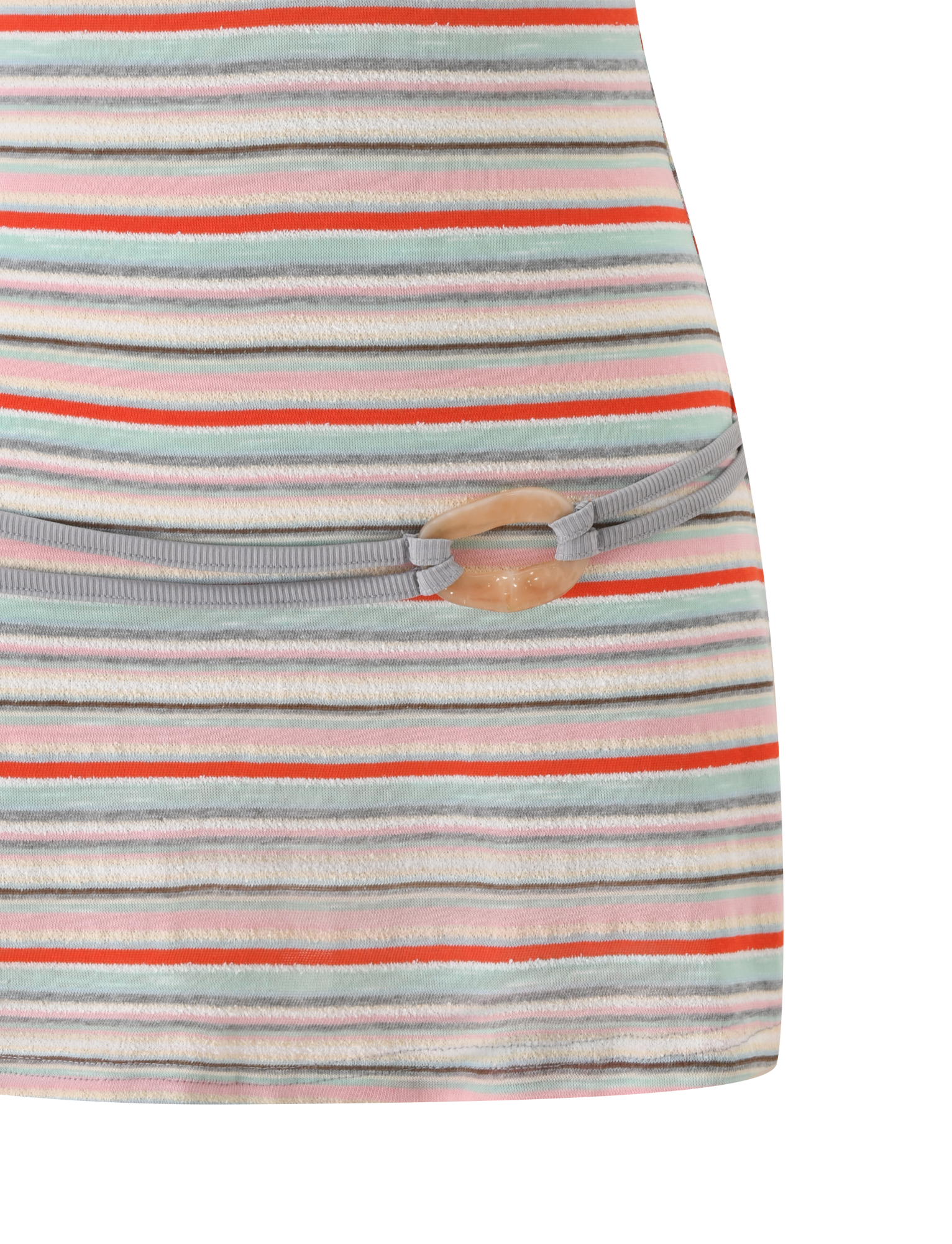 The TIGERMIST CELESTE MINI DRESS - MINTY STRIPE is a close-fitting knit mini dress with orange, pink, gray, and white horizontal stripes, styled with a gray belt featuring a round translucent buckle at the waist.