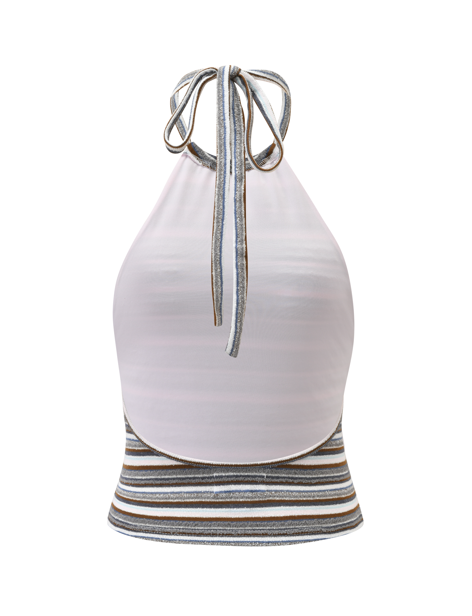 The TIGERMIST DILLON HALTER TOP features a sleeveless high-neck halter design with a neck tie, light pink upper, and blue and brown striped bottom band.