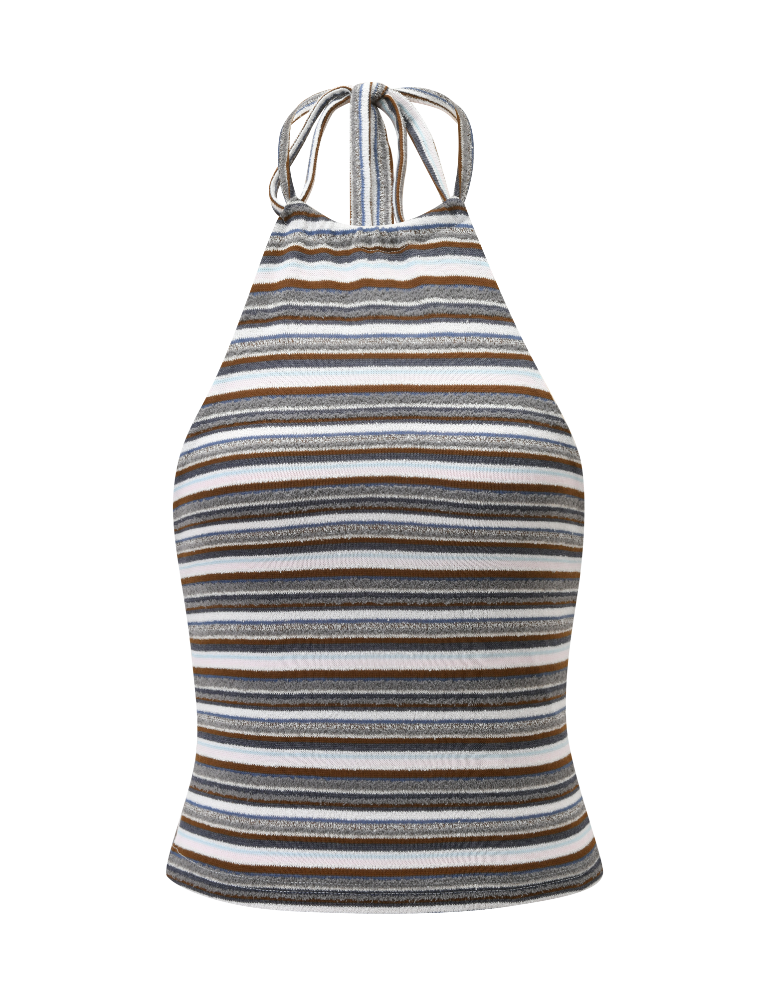 The DILLON HALTER TOP by TIGERMIST is a sleeveless, high neck halter with blue and brown stripes, a tie neckline, and a fitted yet slightly flared silhouette for a chic look.