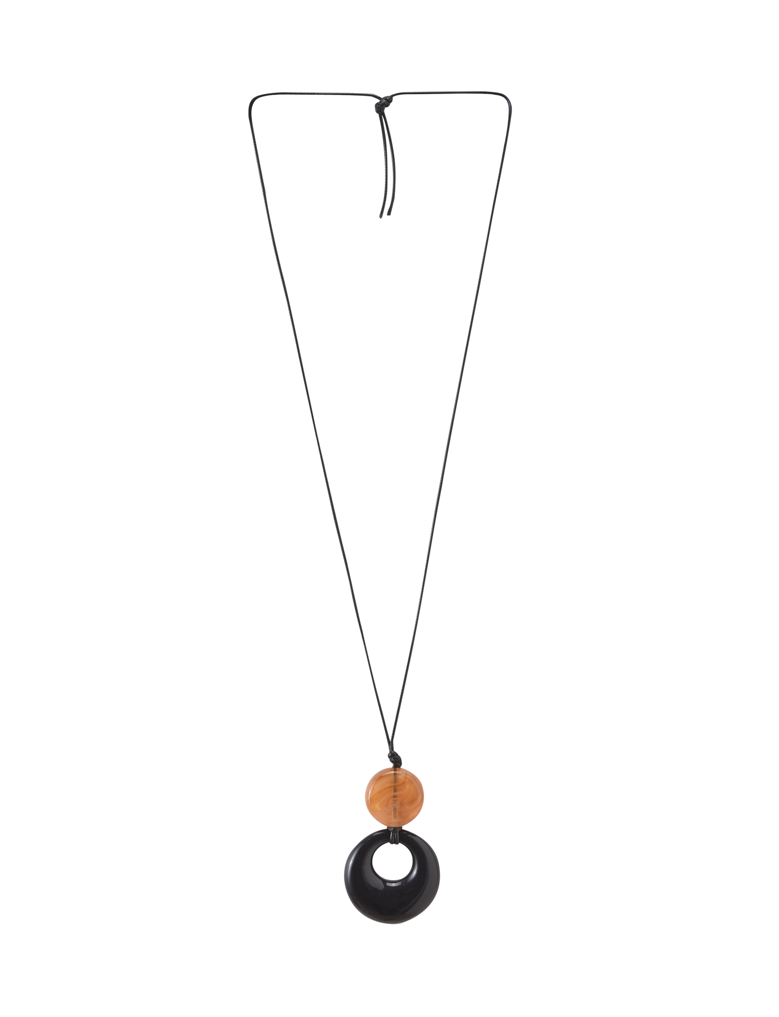The TIGERMIST BREYA PENDANT NECKLACE - TAN features a minimalist long black cord with a round brown tortoiseshell bead and a larger black resin pendant.