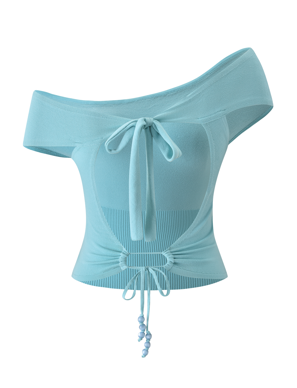 The JASMINA KNIT TOP - BLUE by TIGERMIST features a light blue, off-shoulder design with an asymmetrical neckline, front tie detail at the bust and waist, and small beads on the lower tie.