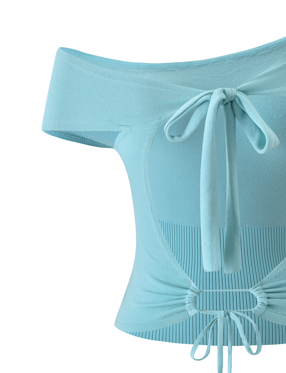 The JASMINA KNIT TOP - BLUE by TIGERMIST is a light blue off-shoulder knit top featuring a wide neckline, front tie at the bust, adjustable drawstring waist, and a stretchy, form-fitting silhouette for a chic look.