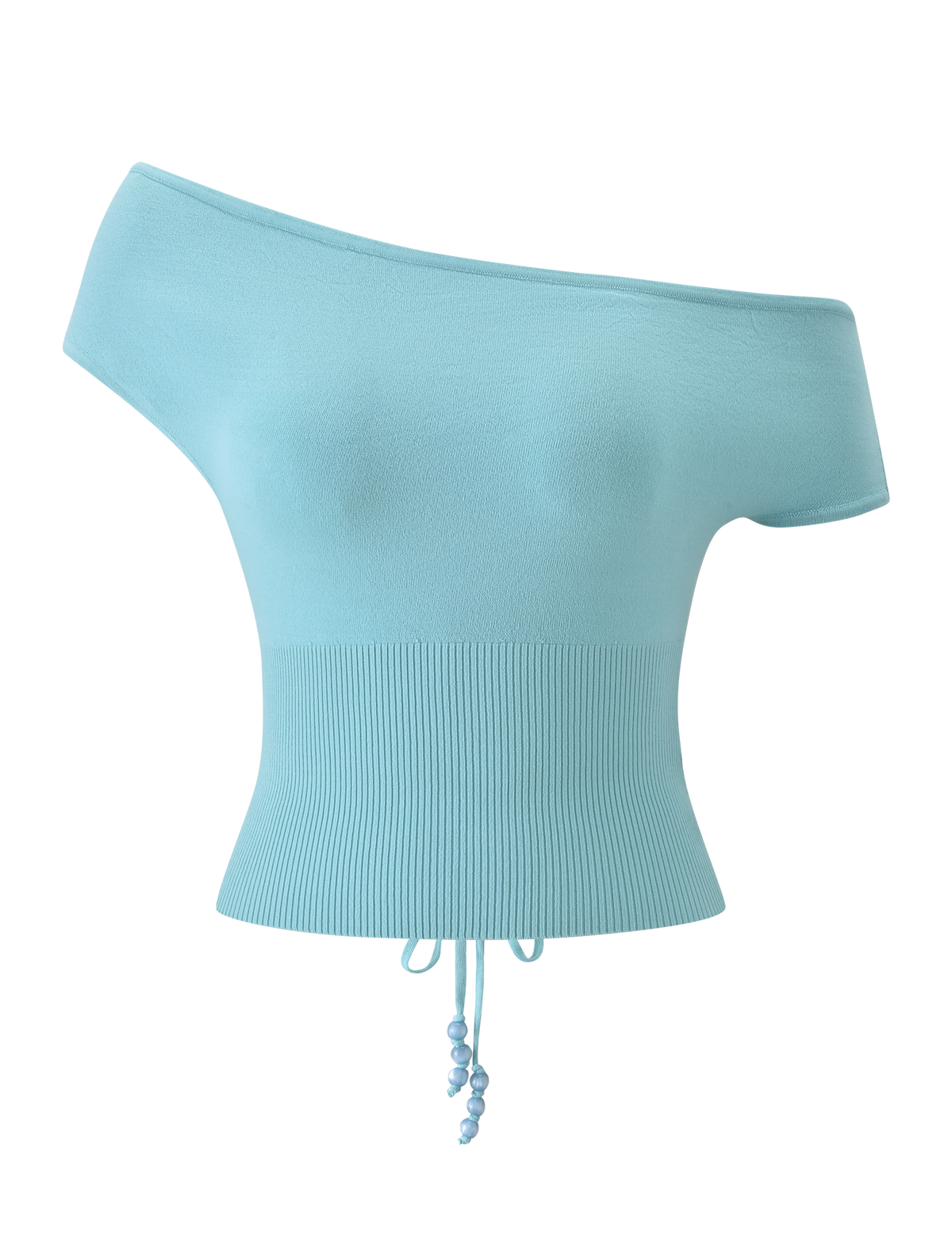 The JASMINA KNIT TOP by TIGERMIST is a light blue off-shoulder knit featuring short sleeves, an asymmetrical neckline, ribbed waist, and a blue-beaded drawstring tie at the bottom center.