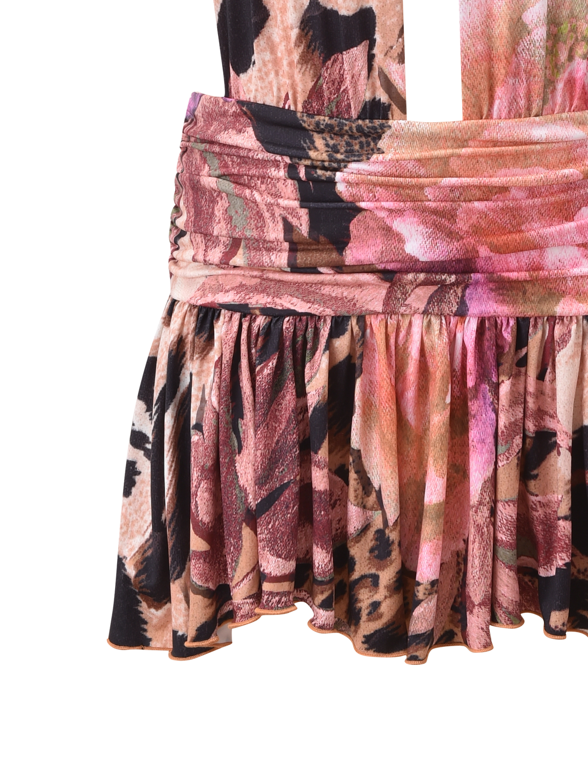 Close-up of the TIGERMIST INDI HALTER SCARF DRESS - ANIMALIER FLORAL, showcasing its pink, peach, and black floral animal print on lightweight fabric with a gathered top and softly pleated, ruffled skirt for an elegant look.