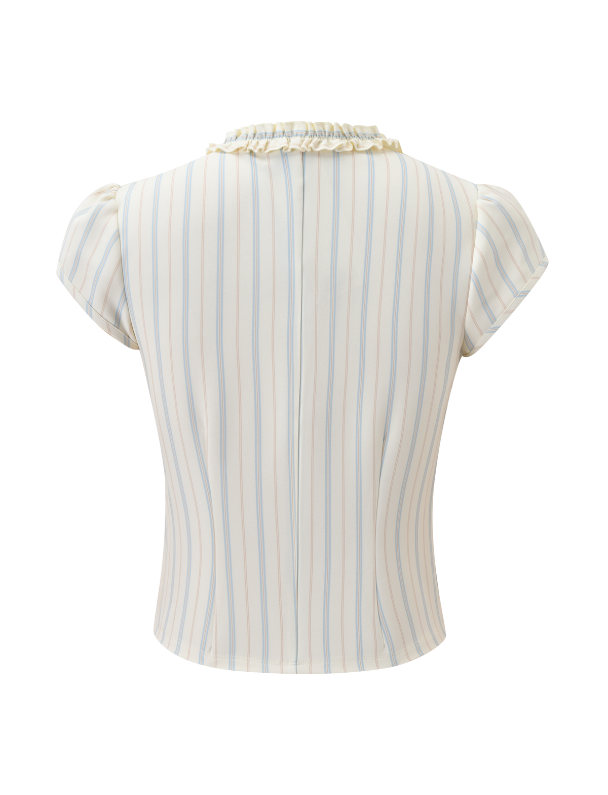 Back view of the VALERIE RUFFLE TOP - STRIPE by TIGERMIST, a short-sleeve, cream top with blue and beige vertical pinstripes, ruffled collar, and subtle v-neckline, shown on a plain white background.