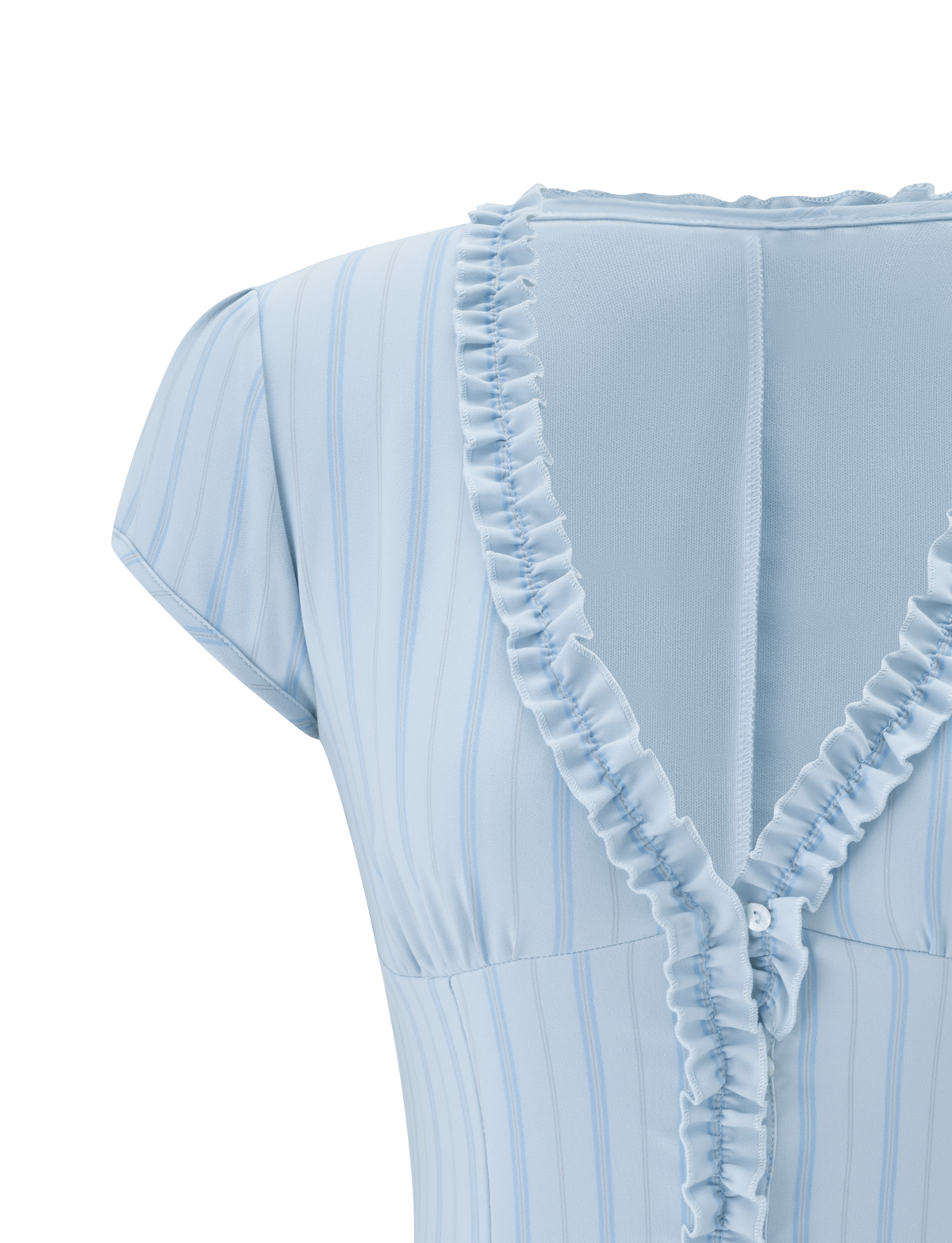 Close-up of the TIGERMIST VALERIE RUFFLE TOP - BLUE STRIPE, featuring cap sleeves, a ruffled V-neckline with front buttons, and soft, slightly stretchy pinstripe fabric.