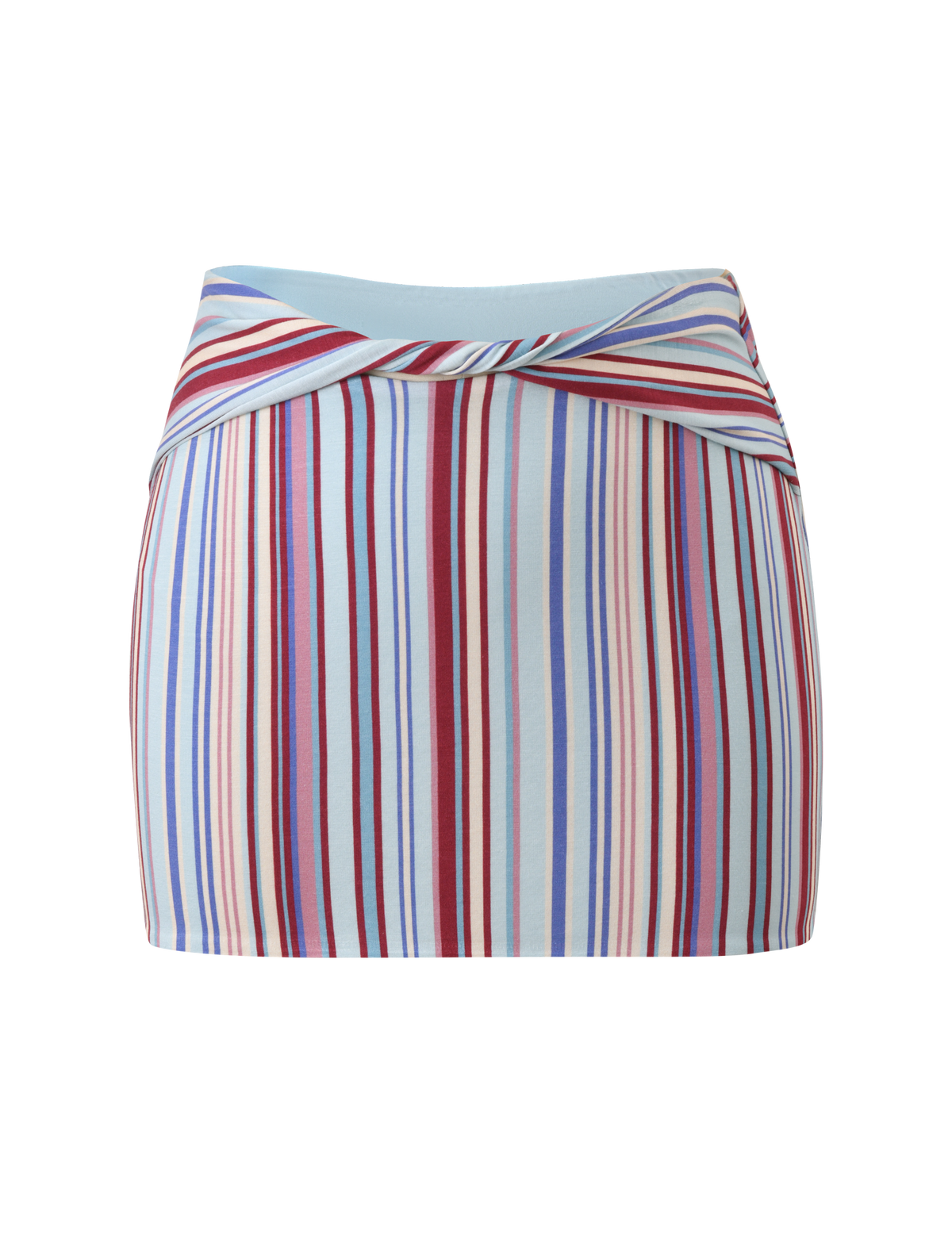 The TIGERMIST HAZE TWIST SKIRT – VARIEGATED STRIPE is a fitted, high-waisted mini skirt with an overlapping waistband and vertical blue, red, pink, and cream stripes on a light blue background.