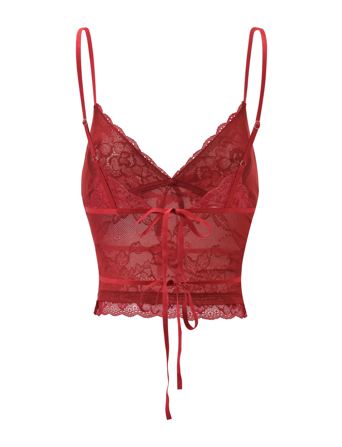The KIRRA BEADED SEQUIN LACE TOP - RED by TIGERMIST features a red lace design with thin adjustable straps, a scalloped V-neckline, intricate beaded sequin details, and a decorative satin ribbon at the front.