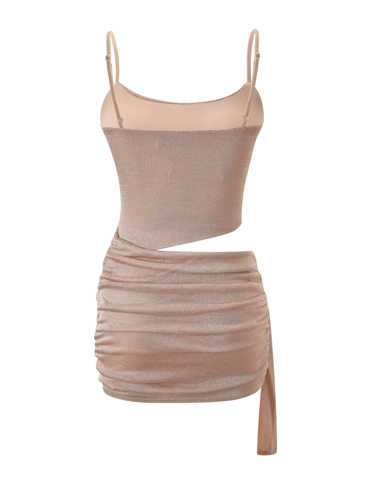 The TIGERMIST AZELMA DRESS 2.0 - GOLD is a beige, sleeveless, one-shoulder mini dress featuring a ruched skirt, an asymmetrical waist cut-out, and a single draped strap detail.