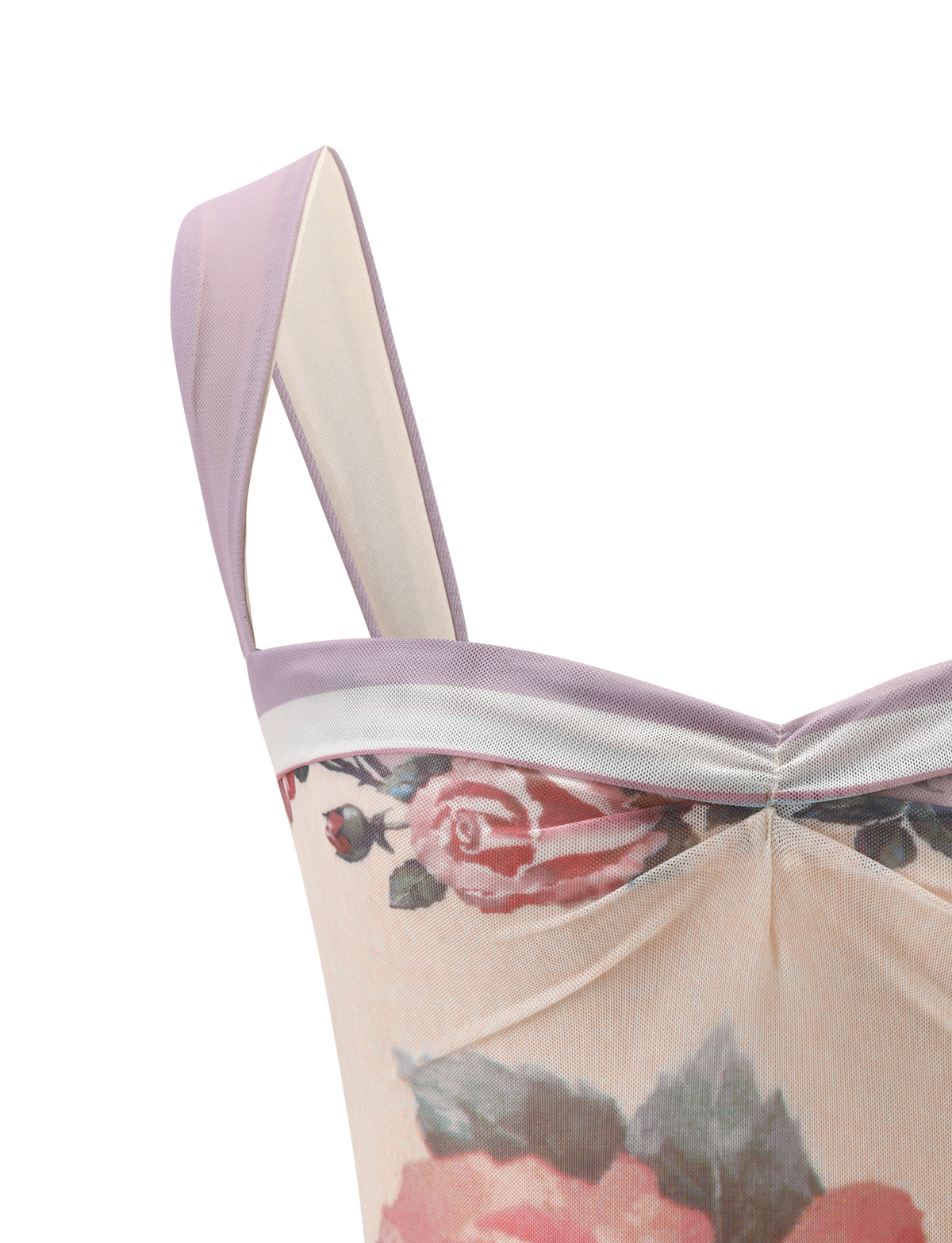 Close-up of the TIGERMIST RAFFIE PRINTED CORSET - POSTCARD FLORAL, a corset top with lavender mesh straps and trim, sweetheart neckline, gathered bust, and a pink and green floral print on a light background.