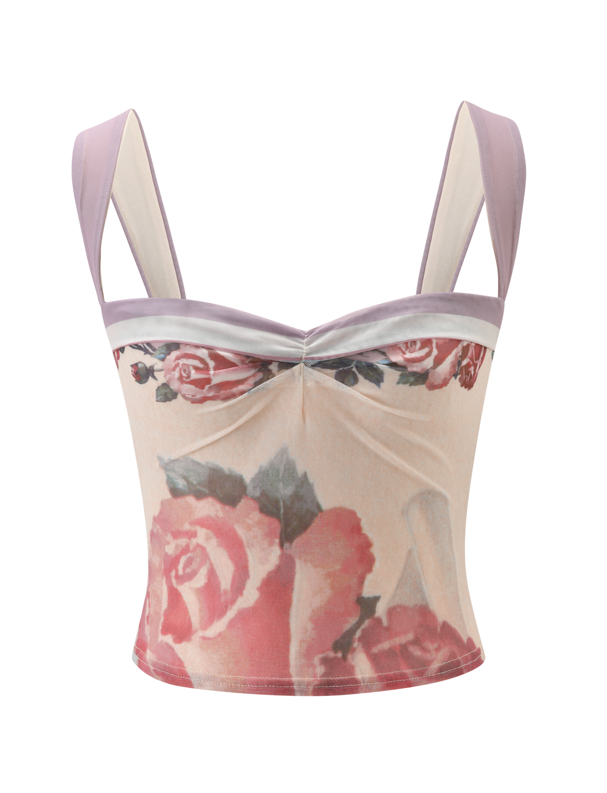The TIGERMIST RAFFIE PRINTED CORSET - POSTCARD FLORAL is a sleeveless top with wide mesh straps, a sweetheart neckline, and pink and red rose patterns on a light beige background.
