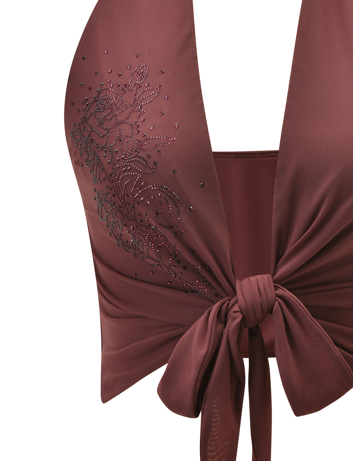A close-up of the TIGERMIST GEORGIE DIAMANTE TOP in chocolate, featuring a sleeveless, deep v-neck, a tie-front, and rhinestone floral accents on one side.