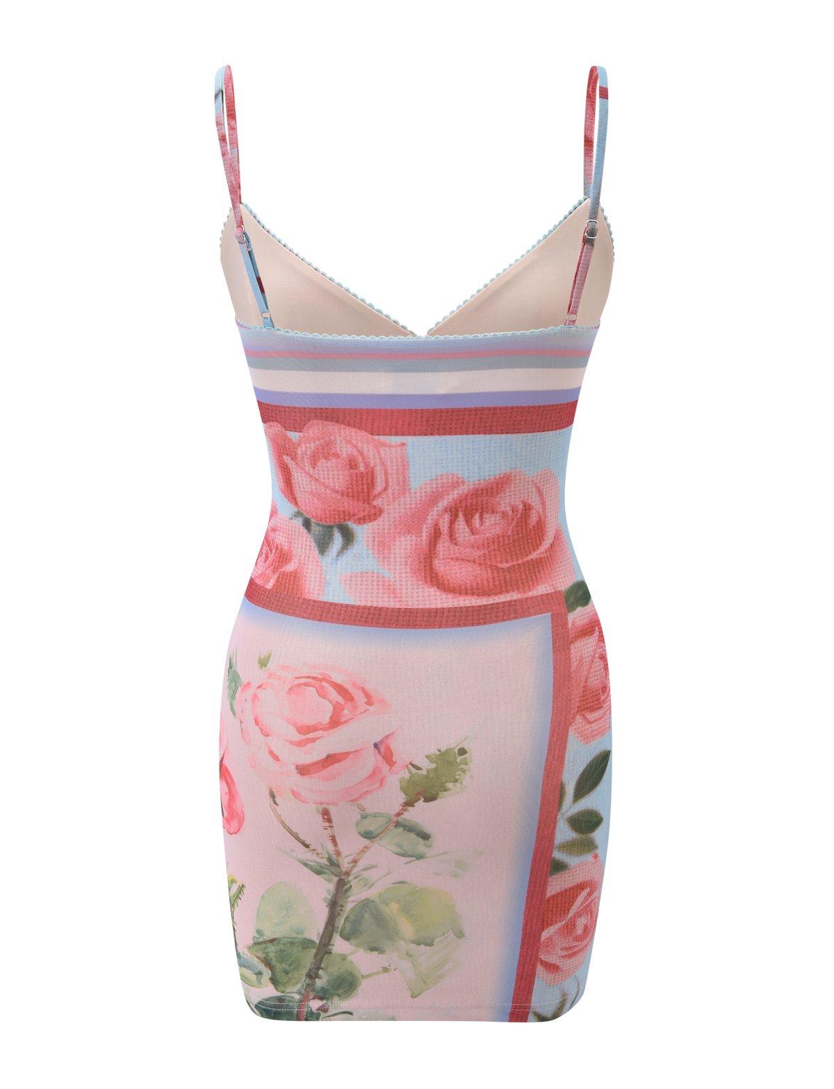 The TIGERMIST JULIANNA MINI DRESS - POSTCARD FLORAL is a sleeveless, fitted mini with thin straps, a V-neckline, and a pink-and-blue mesh floral print that exudes soft, feminine charm.