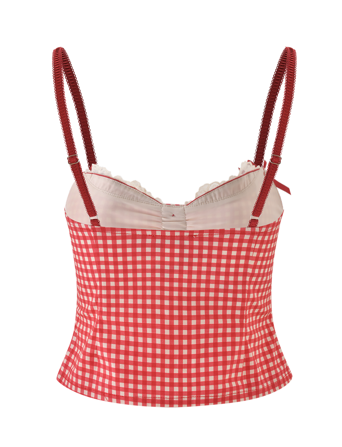 The EMMALINE BUSTIER by TIGERMIST features a red and white gingham pattern, a sweetheart neckline, adjustable straps, and scalloped lace trim along the top edge, shown on a white background.