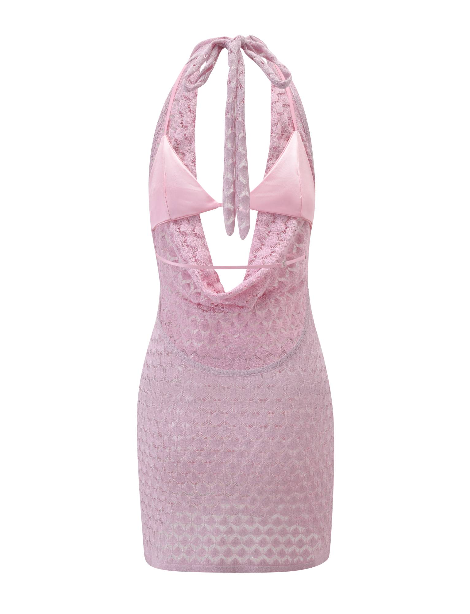 The MAKENZIE CROCHET MINI DRESS - SHIMMER PINK by TIGERMIST is a sleeveless mini featuring a shimmer finish, halter neck tie, sheer mesh overlay with geometric pattern, deep cowl neckline, and a visible bra-style top beneath.