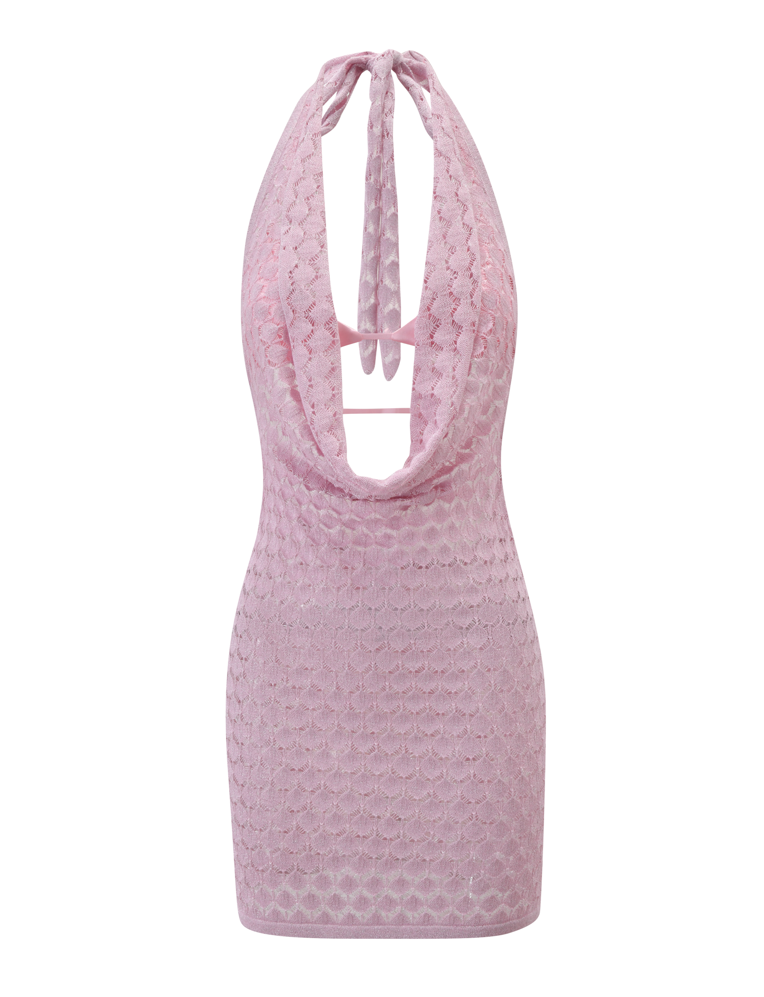 The TIGERMIST MAKENZIE CROCHET MINI DRESS in Shimmer Pink is a sleeveless mini dress with a halter neck tie, deep cowl neckline, and textured semi-sheer patterned fabric. Photographed against a plain white background.