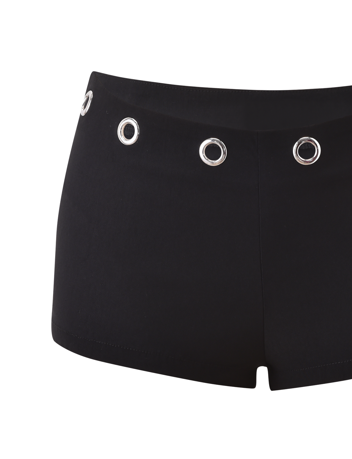 The MARREN SHORT - BLACK by TIGERMIST features large silver eyelet details along the waistband, drawing inspiration from the signature Marren Corset style and is displayed against a white background.