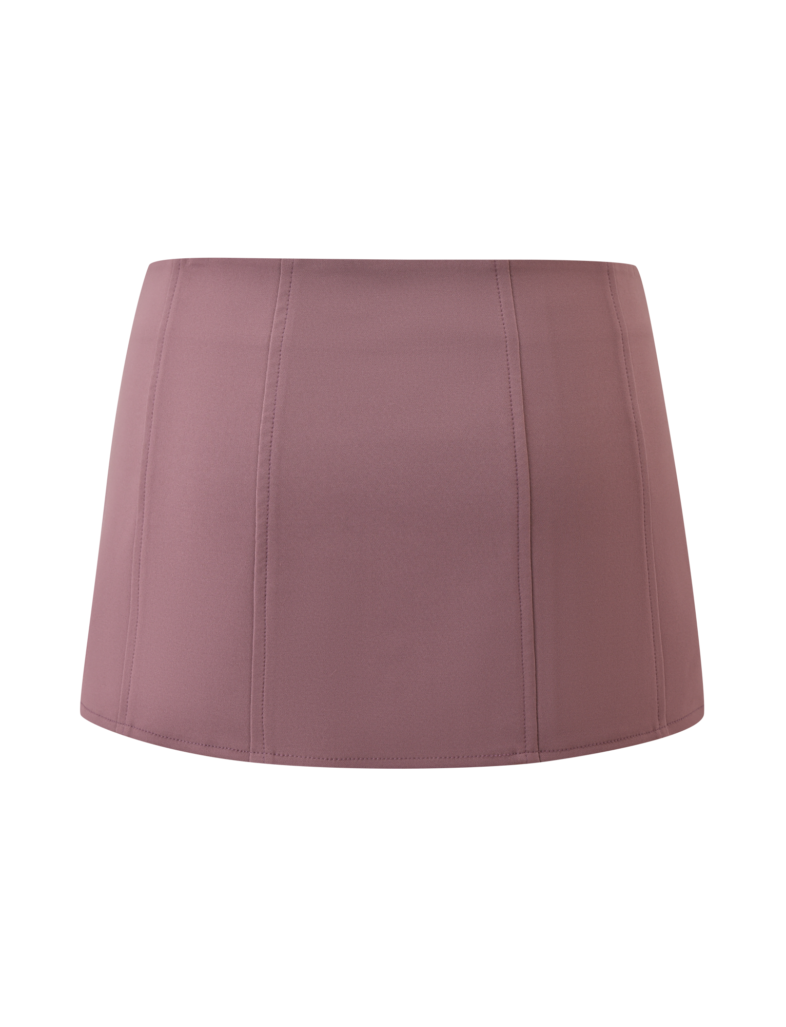 The TIGERMIST MARGARITA LACE MINI SKIRT in brown features vertical seams and a smooth, fitted look, similar to a pink lace skirt, showcased on a plain white background.
