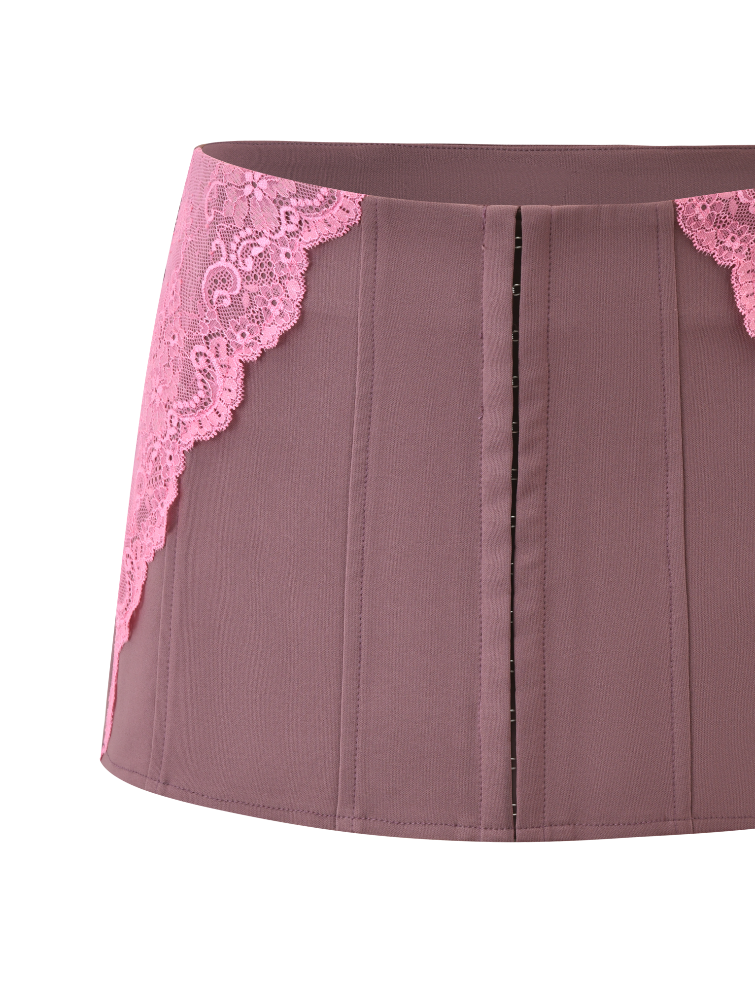 The MARGARITA LACE MINI SKIRT in brown by TIGERMIST features mauve corset-style details, vertical stitching, pink lace accents, and scalloped lace sides, displayed against a plain white background.