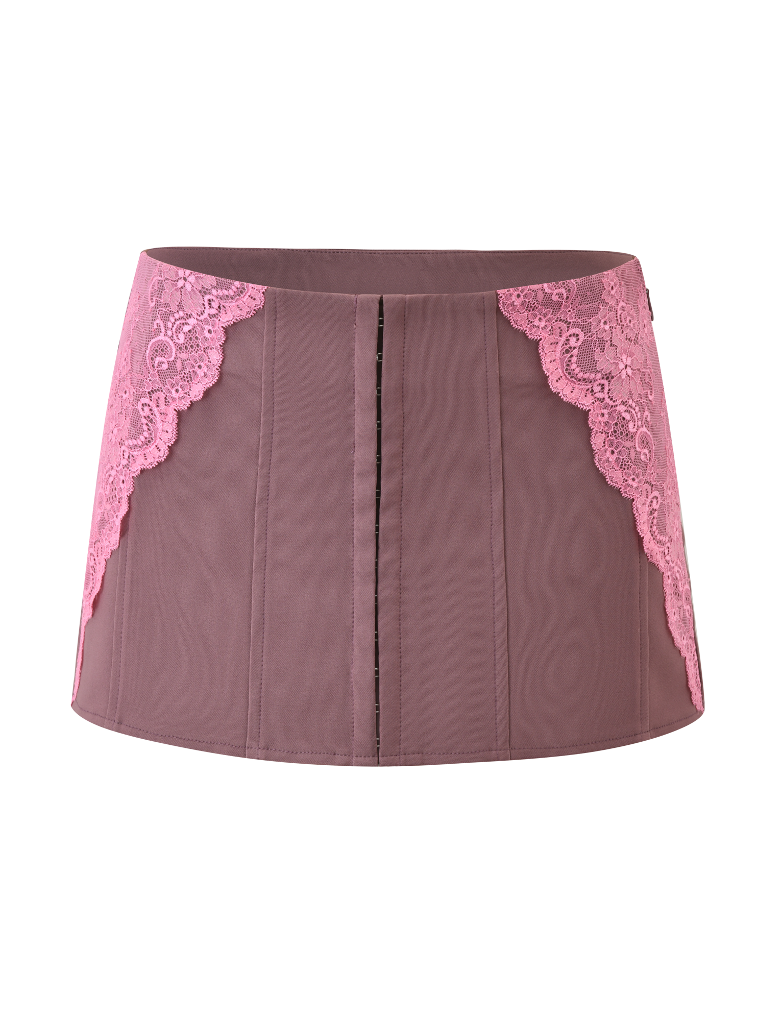 The TIGERMIST MARGARITA LACE MINI SKIRT in brown features vertical stitching and pink lace details along the sides, shown against a white background.