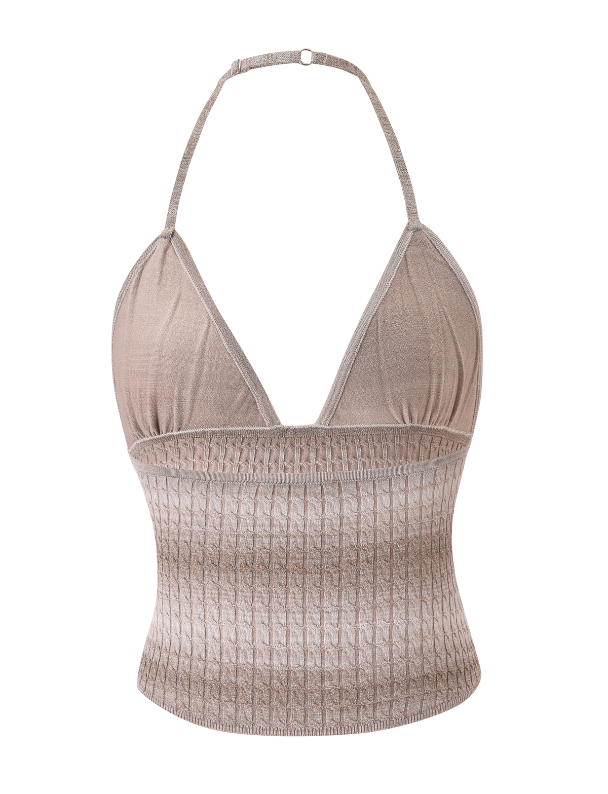 The MARISSA KNIT CAMI by TIGERMIST is a sleeveless taupe ombre stripe top featuring a halter neck with a deep V-neckline, ribbed texture from bust to waist, and an open back secured by a thin neck strap.