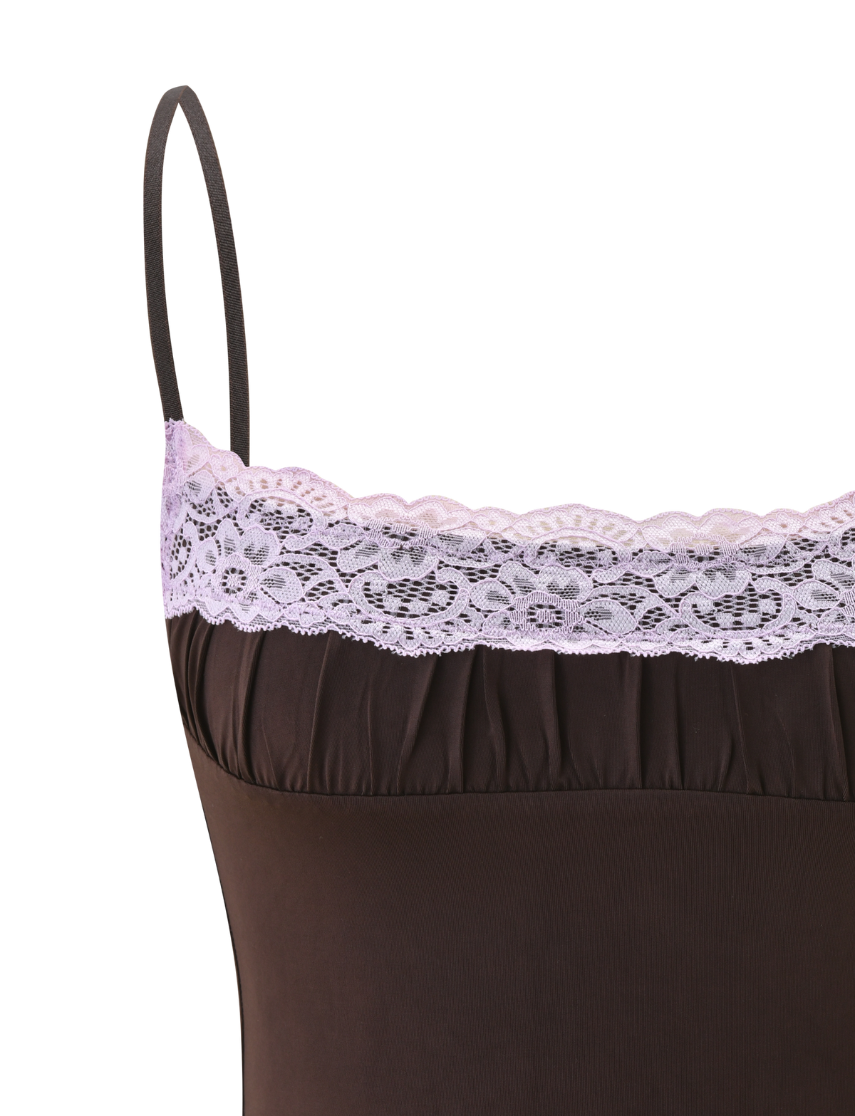 A close-up of the TIGERMIST PARISA LACE RUCHED CAMI in brown and lilac, featuring a ruched bust, adjustable straps, and delicate lilac lace trim along the top edge, displayed against a white background.