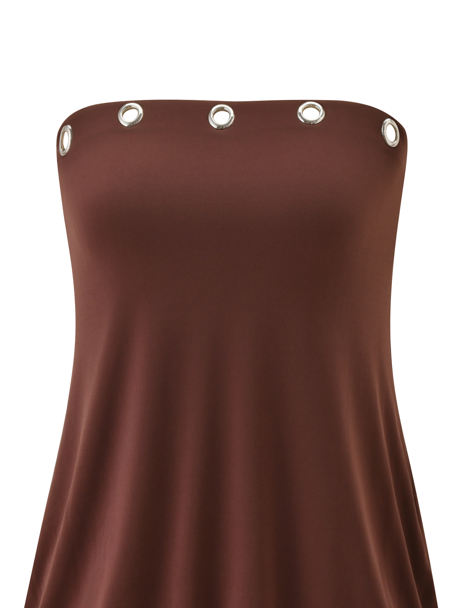 A close-up of the TIGERMIST RAVENNA DRESS in Milk Chocolate shows its strapless mini design with a straight neckline and five evenly spaced silver eyelet trims.