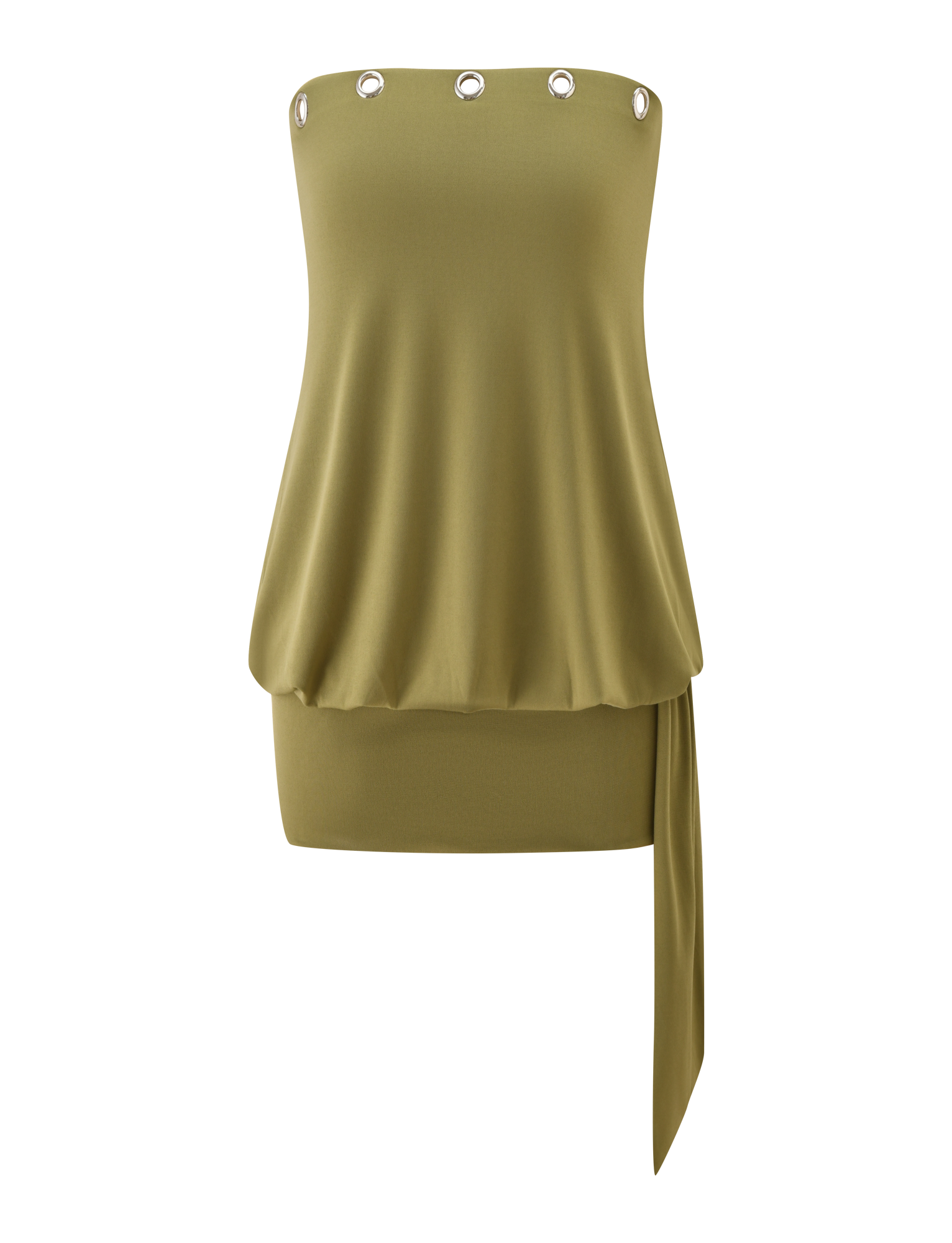 The TIGERMIST RAVENNA DRESS in olive is a strapless mini dress with silver grommets, featuring a blouson silhouette and a draped, asymmetrical overlay on one side.