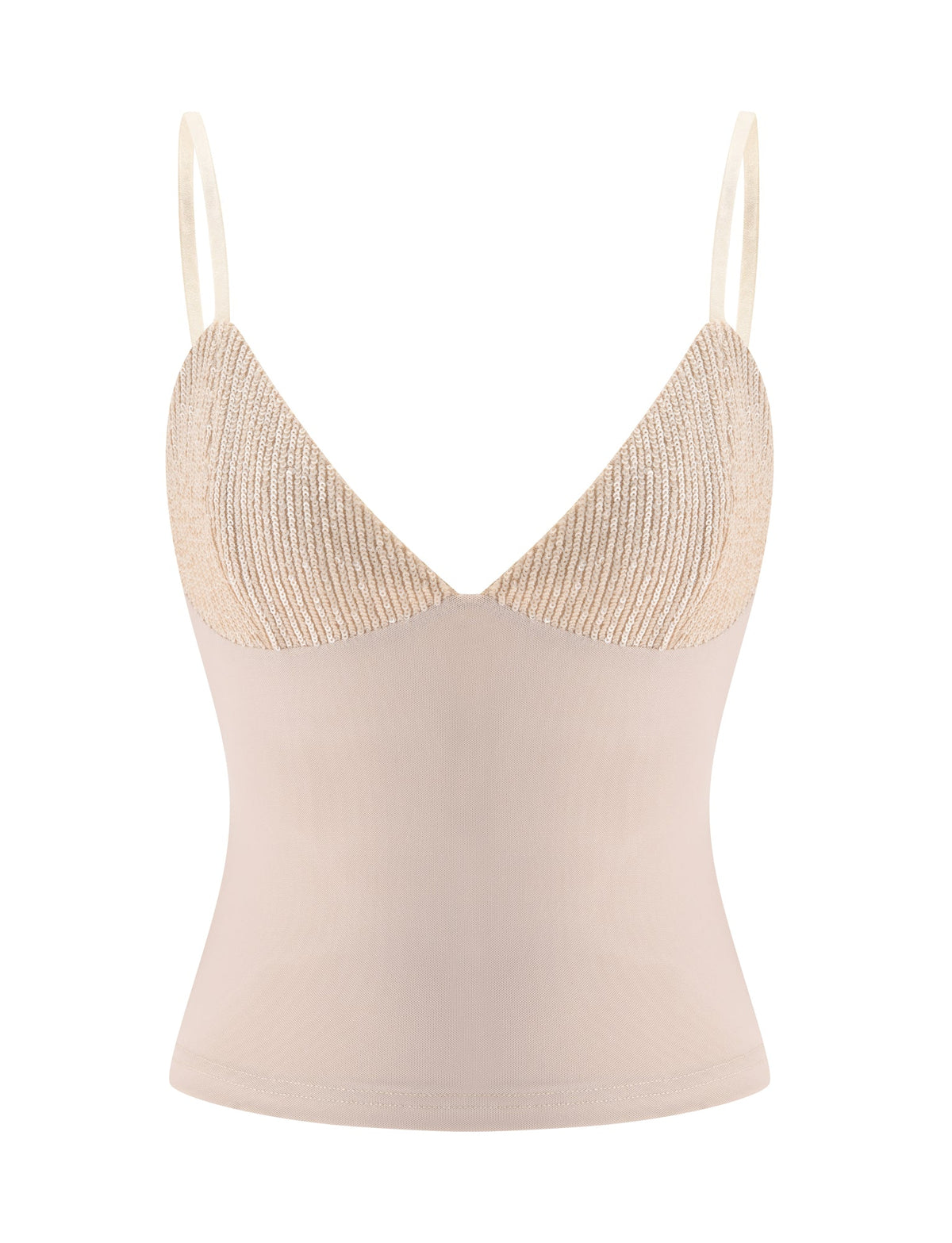 The SYLA TOP - OAT by TIGERMIST features thin spaghetti straps, ribbed textured cups, and a smooth, fitted bodice in a soft oat shade. Crafted from stretchy material for a comfortable and flattering fit, this top is perfect for elevating your summer wardrobe.