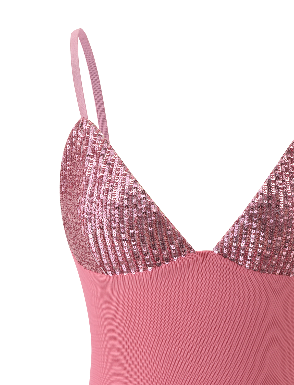Close-up of the SYLA TOP - ROSE by TIGERMIST, featuring rose pink sequins, a semi-sheer smooth lower panel, and adjustable straps, shown against a plain white background.