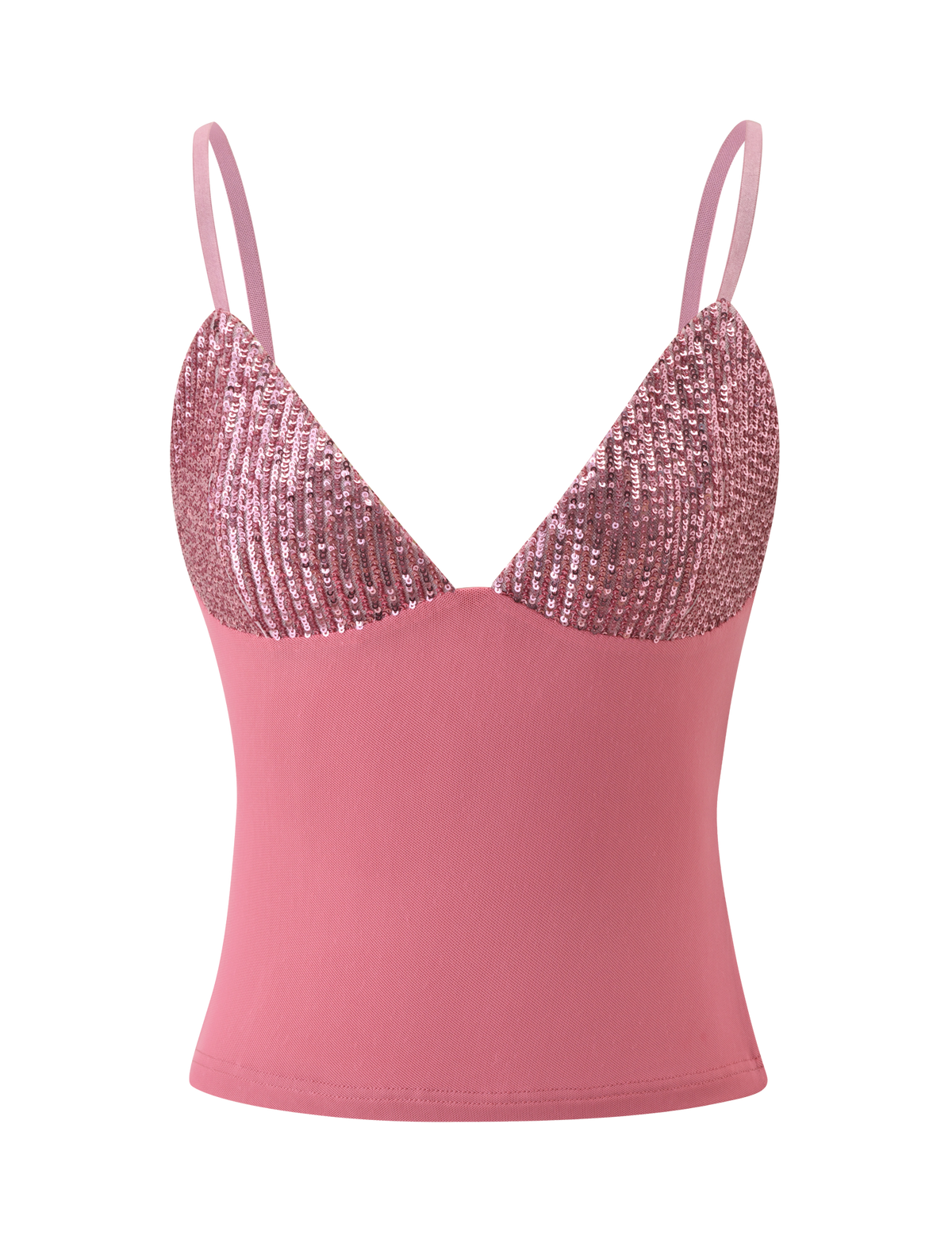 The SYLA TOP - ROSE by TIGERMIST features rose pink sequins, adjustable shoulder straps, and a semi-sheer sequined bust, displayed on a plain white background.