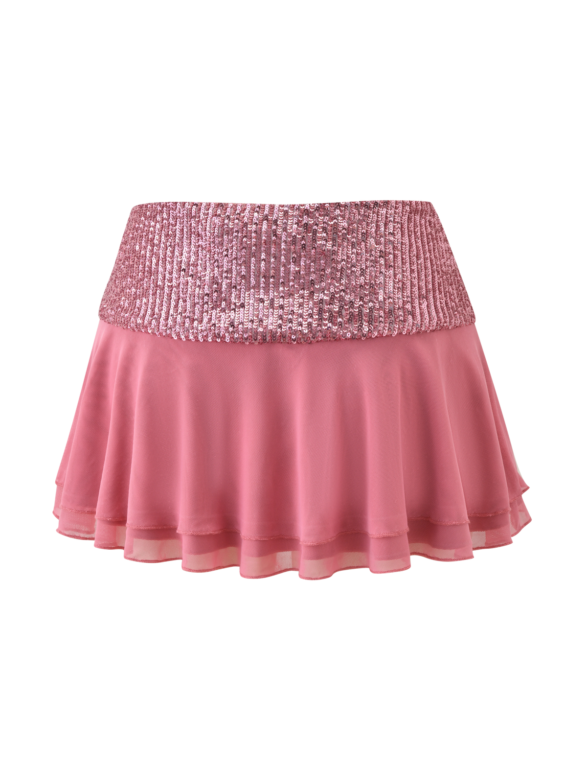 The SYLA MINI SKIRT - ROSE by TIGERMIST is a rose pink sequin mini skirt with a wide contrast sequin waistband and flowy, tiered flounce chiffon bottom, shown against a plain white background.