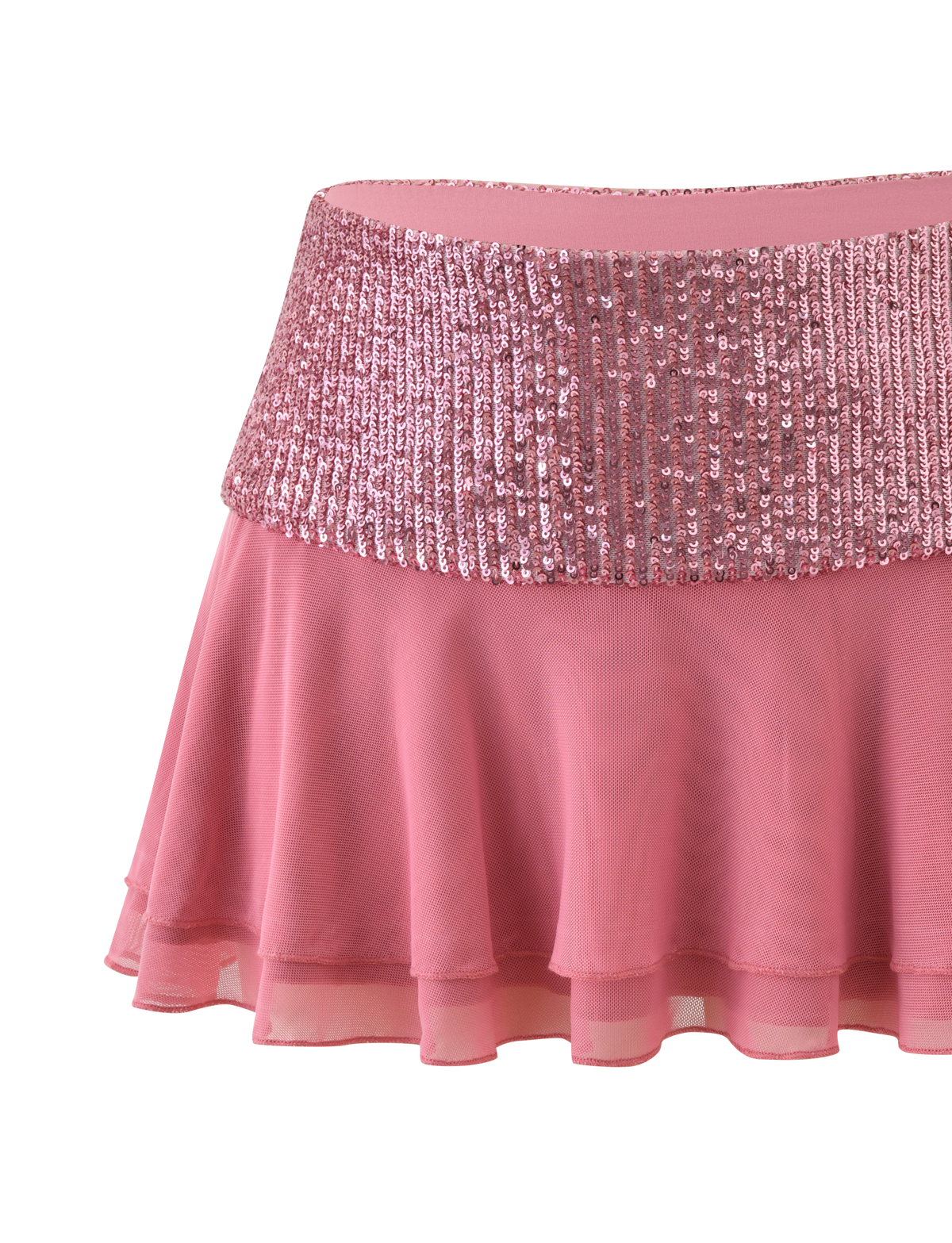 The SYLA MINI SKIRT - ROSE by TIGERMIST is a rose pink sequin mini skirt with a wide contrast waistband and flared sheer layered hem, shown against a white background.