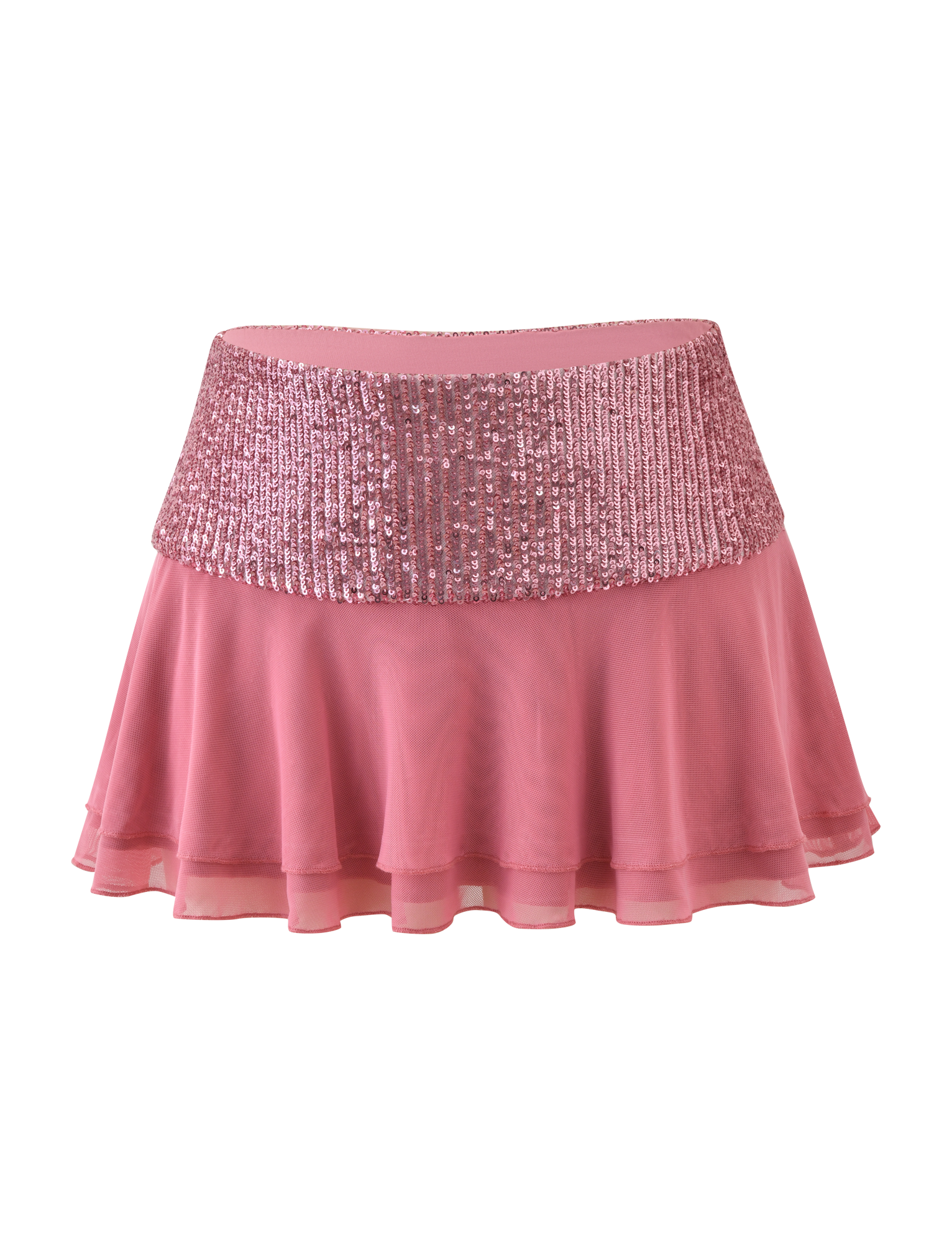 The TIGERMIST SYLA MINI SKIRT - ROSE is a rose pink mini skirt with a wide contrast sequin waistband and layered chiffon for a playful, sparkling style.