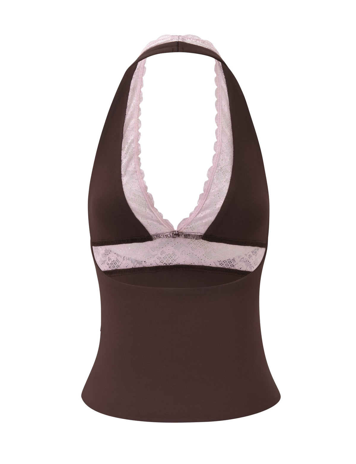 CALINA PLUNGE LACE TOP - CHOCOLATE halter neck top featuring a deep plunge neckline with pale pink lace trim.