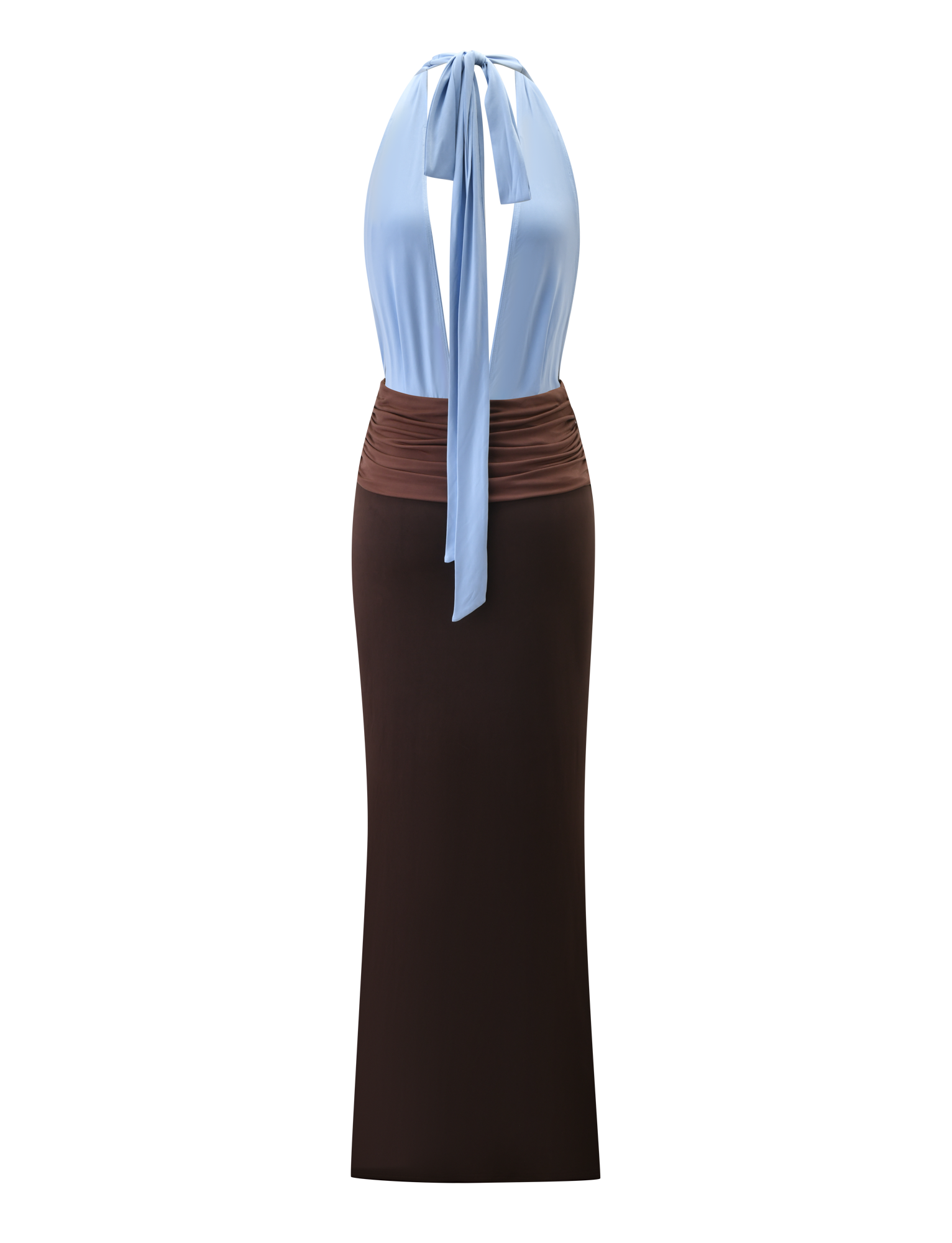 The JENNI PLUNGE MAXI DRESS by TIGERMIST features a sleeveless, colour-blocked design with a light blue halter neck top and long back tie, a brown ruched midsection, and a long, fitted dark brown skirt. The dress is shown on a white background.