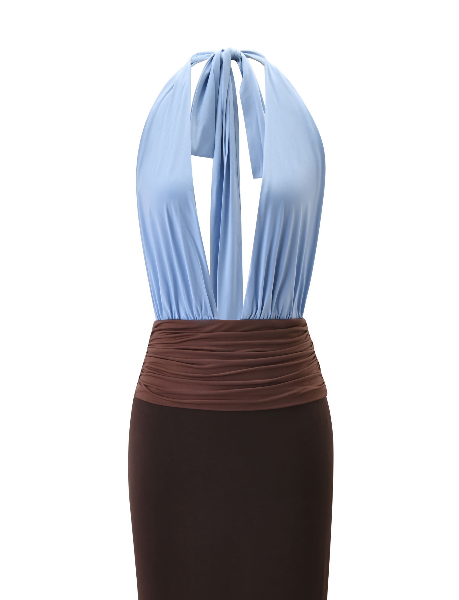 The JENNI PLUNGE MAXI DRESS by TIGERMIST features a sleeveless, colour-blocked design with a light blue halter-style top showcasing a deep V-neckline and bow detail at the neck, complemented by a high-waisted, fitted brown skirt and a ruched brown waistband for added definition.