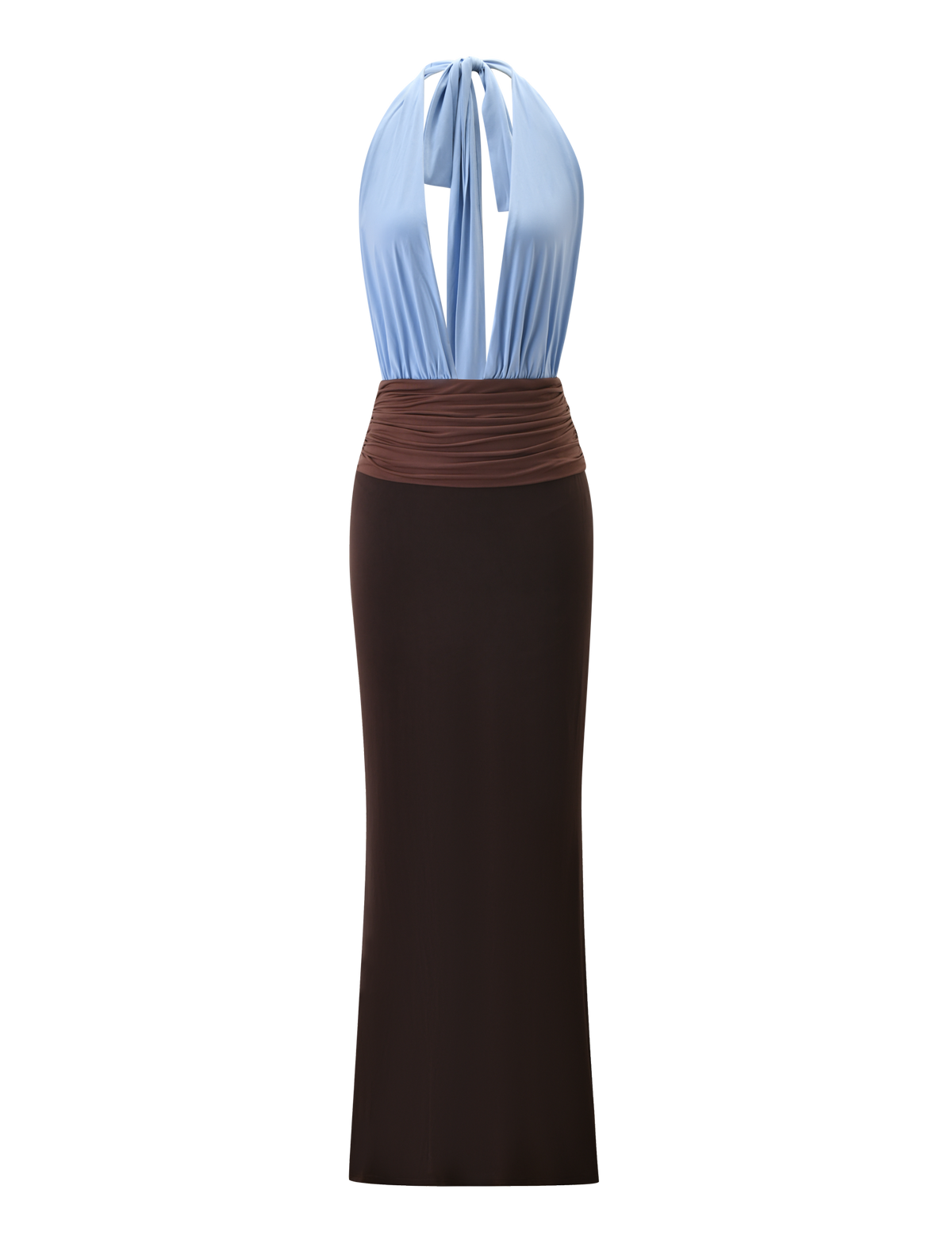 The JENNI PLUNGE MAXI DRESS by TIGERMIST features a sleeveless, colour-blocked halter-neck design with a light blue plunging bodice, ruched waistband, and a long dark brown skirt, shown against a white background.