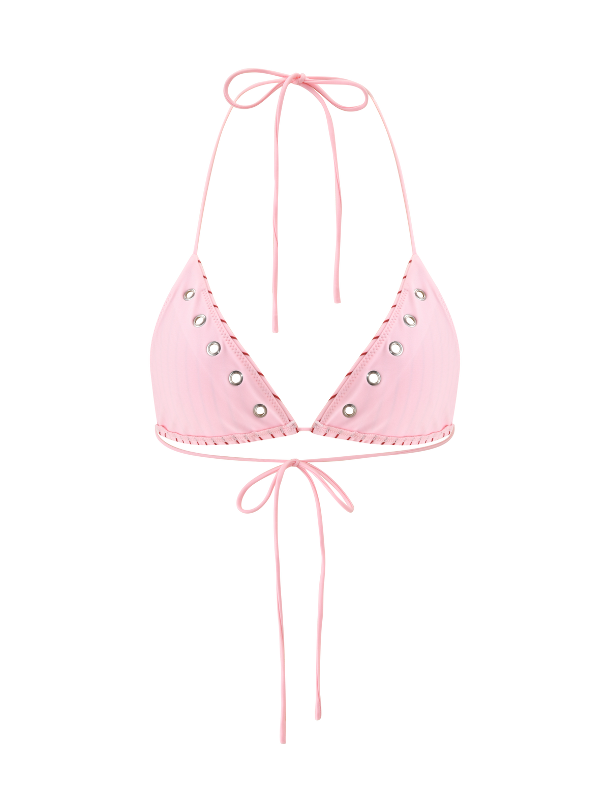 The TIGERMIST MARREN BIKINI TOP - PINK STRIPE is a light pink striped adjustable halter bikini top with back ties and silver grommet accents—ideal for mixing with your favorite exclusive print swimwear.