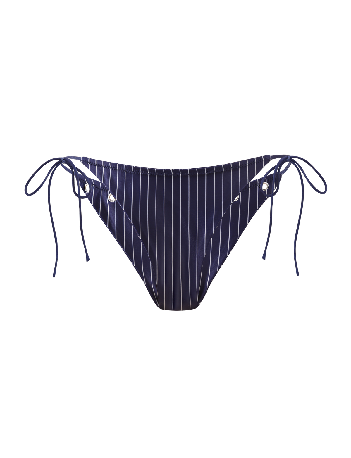 The TIGERMIST MARREN BIKINI BOTTOM in navy pinstripe features white vertical stripes, adjustable side ties with silver eyelets, and is shown against a plain white background.