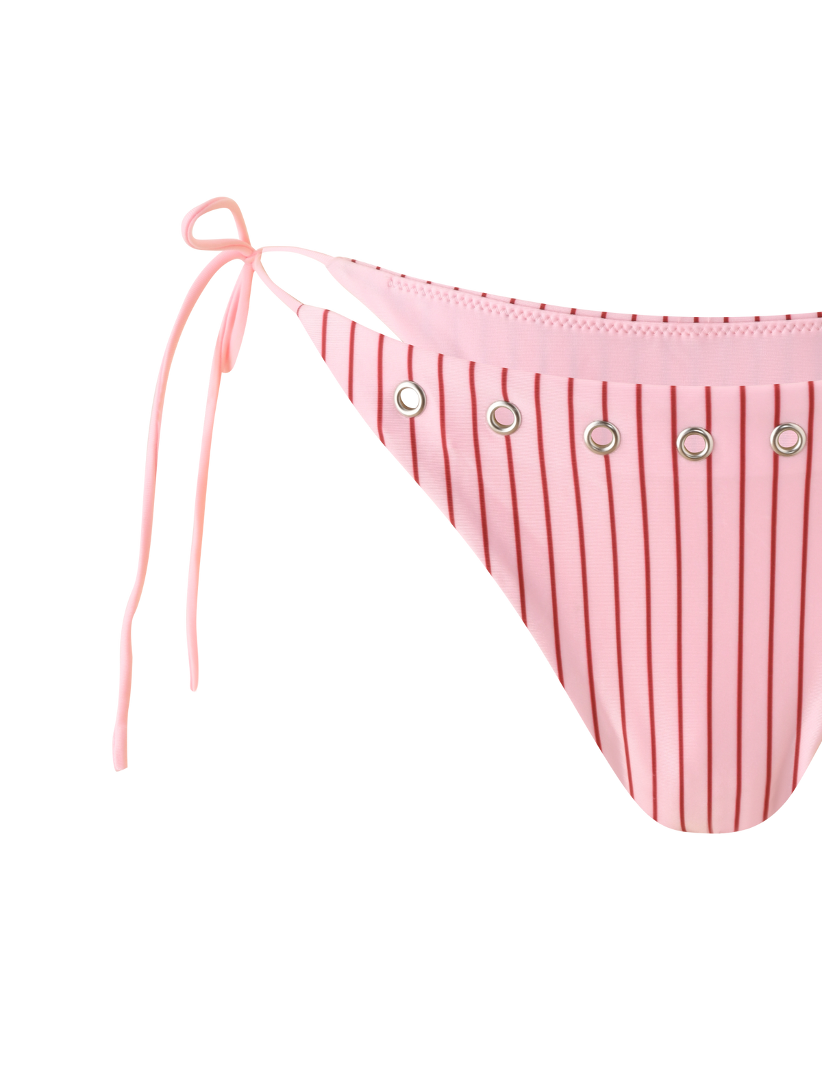 The MARREN BIKINI BOTTOM - PINK STRIPE by TIGERMIST features thin red pinstripes, silver grommet details, and an adjustable left side tie with an exclusive print. Shown against a plain white background.
