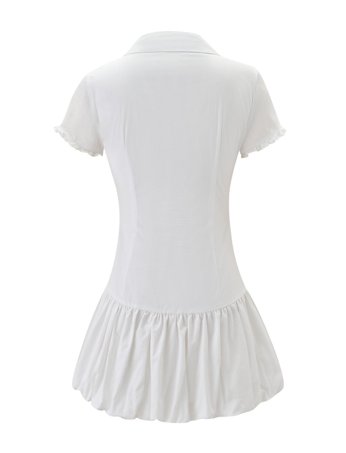 Back view of the VALERIE BUBBLE DRESS - WHITE by TIGERMIST, a short sleeve mini dress with a collar, fitted waist, and flared ruffled skirt in smooth, lightweight white cotton for a soft, casual look.