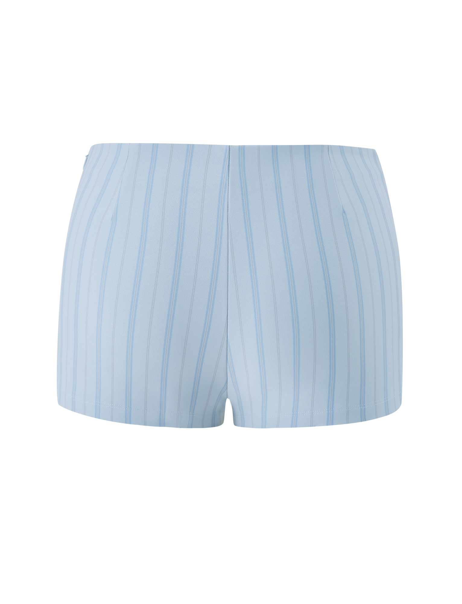 The TIGERMIST VALERIE RUFFLE HOT SHORT - BLUE STRIPE features light blue pinstripes, a V-cut waistband, and thin dark blue vertical stripes. Displayed on a plain white background, these fitted shorts have a smooth look with no visible embellishments.