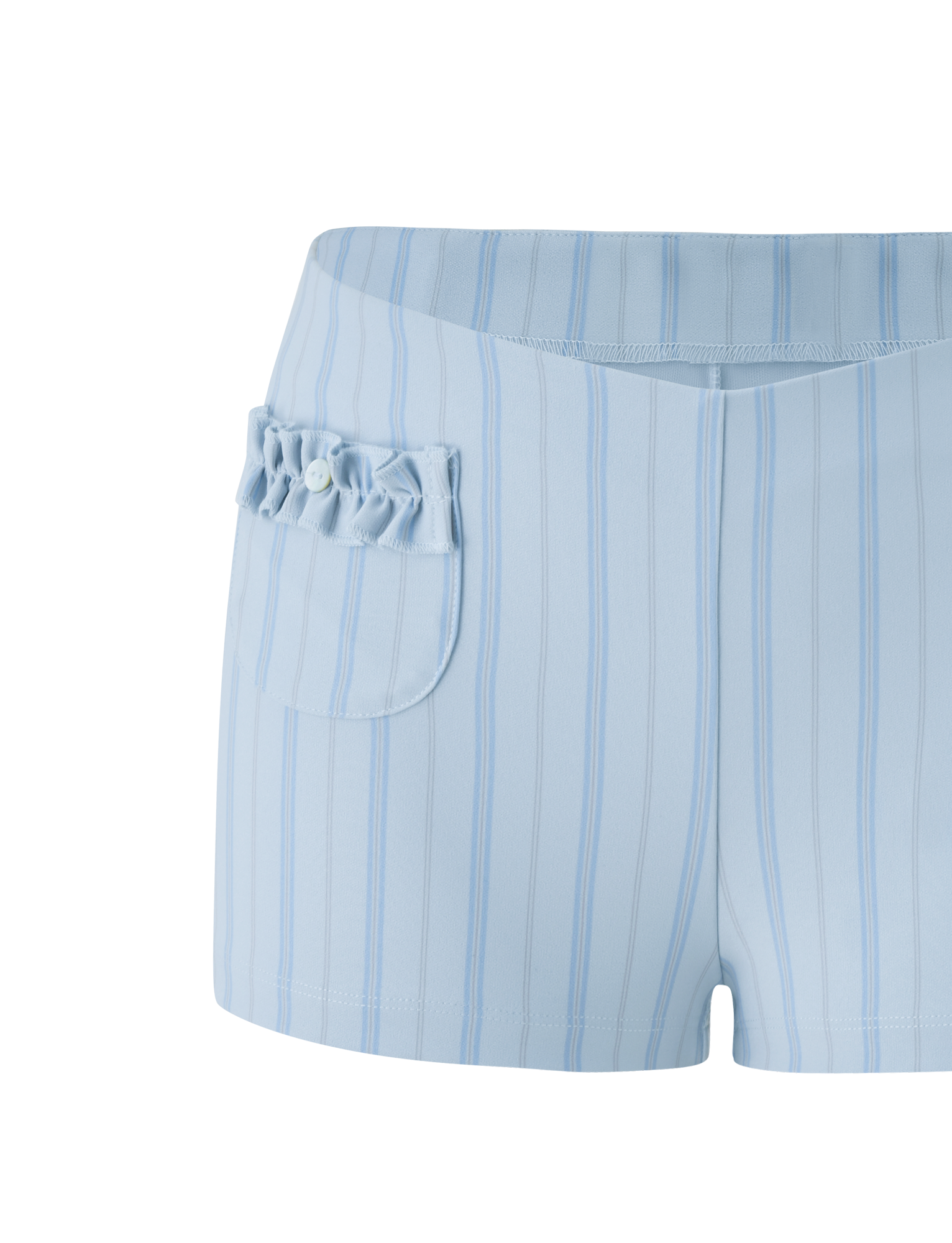 The VALERIE RUFFLE HOT SHORT - BLUE STRIPE by TIGERMIST features light blue pinstripes, a V-cut waistband, and a ruffle pocket with a white button, shown against a clean white background.